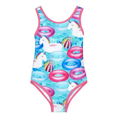 Girls' multi-coloured unicorn print swimsuit